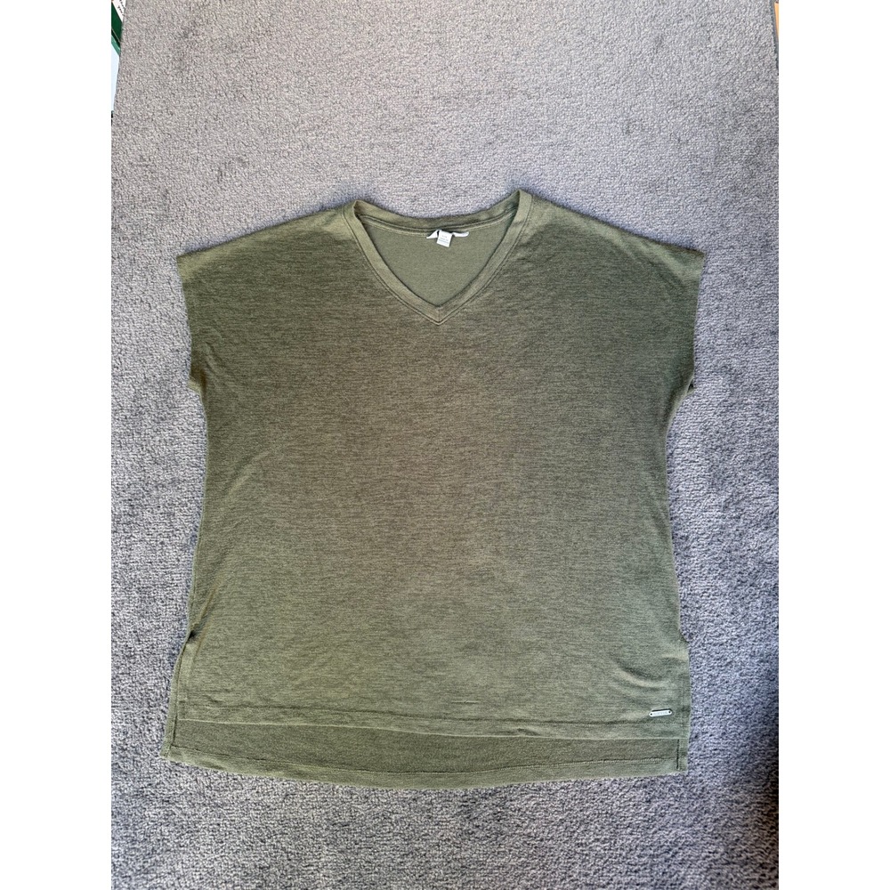 Orvis Womens Olive Green Heather V-Neck Relaxed Fit High-Low Hem Top Large